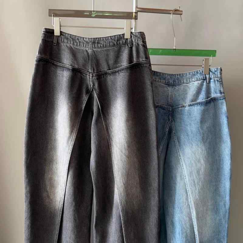牛仔パンツ バナナシルエット 秋冬 ワイドレッグ 高腰 洗い加工 スリム効果 ゆったり コットン ストレッチ ヴィンテージ風 ブルー 黒灰 気質 通勤 都市スタイル 微弾性 長丈 調整腰 做旧加工|フォークBR
