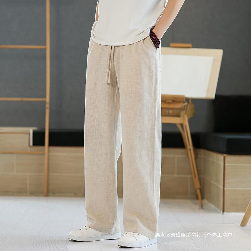 メンズ ズボン 夏用 ゆったり 引っ切り無い ワイドレッグ ロングズボン下 綿織物リネン 透人となり 微弾力性 中腰 薄っぺら 日常 浅米 煙灰 黒 焦糖