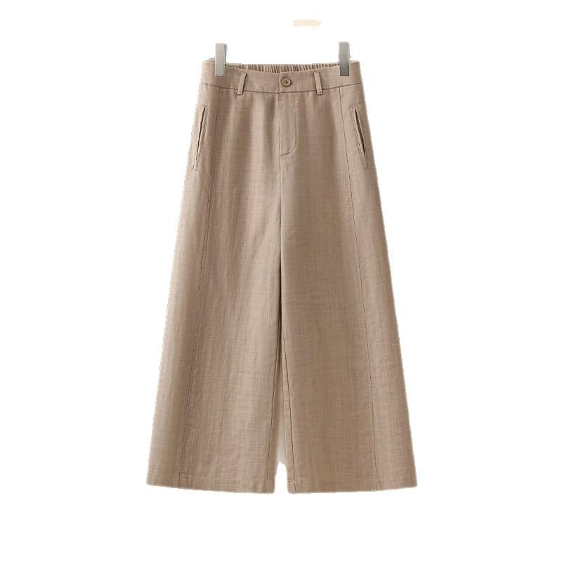 レディース ワイドパンツ 九分丈 高腰 薄手 コットン リネン ストレート シルエット カーキ 紫 ベージュ ネイビー ジンジャー 色 夏 春夏 季節 都市 日常 外出 休日 スタイル 軽量 通気性 涼しい 素材 組み合わせ コーディネート｜フォークBR