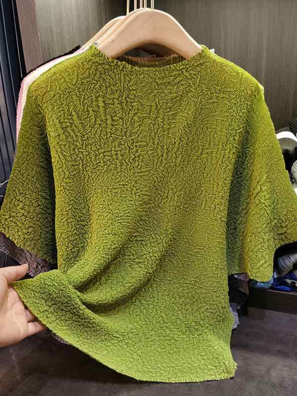 ティーシャツ レディース コウモリ傘袖 ゆったり 筋目 トップス 通い 表現スタイル 丸首 短袖 純色 緑 サクラ色 黒 冷やりとした 夏服 ポリエステル 原料品 亭主もち用 その他-トップス