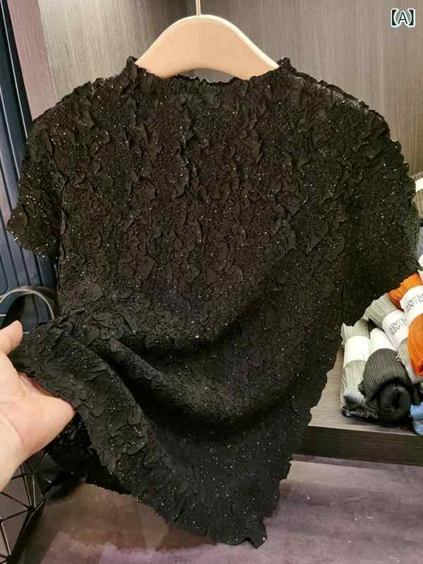 ティーシャツ 亭主もち用 短袖 トップス 通い 普段使い走り 人となり プレーツ ぬい目 押し付けるせん孔機 処理 純色 丸首 平平凡凡たる丈 ポリエステル 95% 以上 黒いこと 杏 サクラ色 緑であること 夏 冷やりとした 軽さ 分かりやすい レディースファッション-トップス