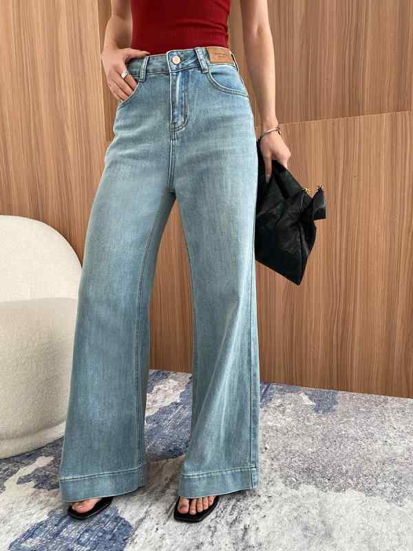 牛仔? 高腰 微喇 ?腿 デニムパンツ 女性用 通勤スタイル 気質 ワイドレッグ 軽量 ストレッチ コットン ポリエステル 混合素材 水洗加工 浅ブルー ディープブルー ロング丈 基本デザイン 秋 2025年モデル｜フォークBR