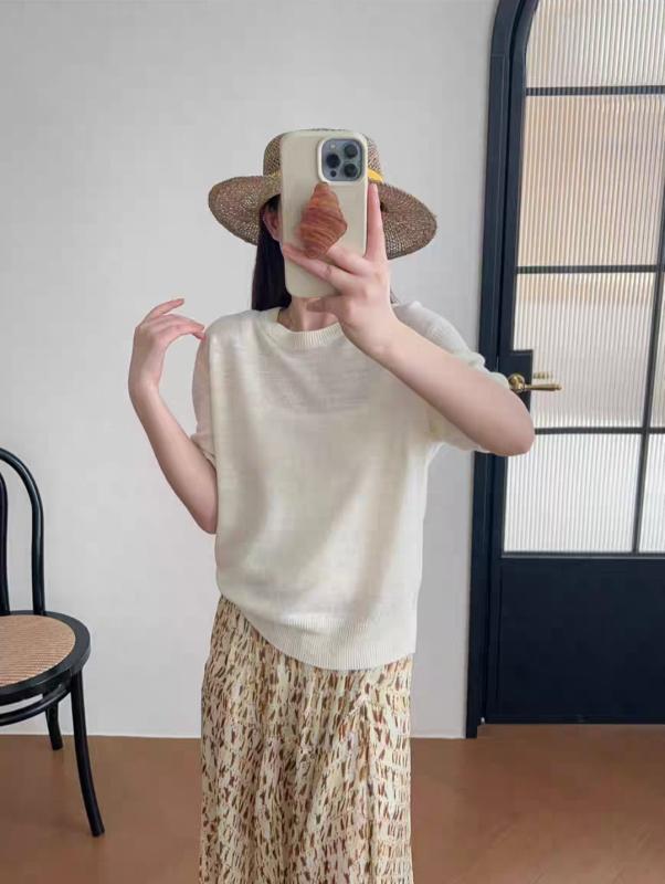 ニットトップス 成人女性用 麻原材料 純色 朦々たる セットアップ ティーシャツ ルーズフィット 判定基準捩り 三春 ラウンド素っ首 スリー２５セント貨捩り 決まり切った丈 否鉄製作 ベージュ 通い表現スタイル