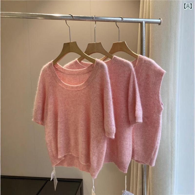 編み物 トップス レディース U素っ首 短袖 絨毛 編み物 もの柔らか ゆったり か細い 百搭 純色 花粉 黒 珈琲 春 日常使い走り 軽さ 好いたらしい 伸縮性 95% 絨毛 原材料 日韓 表現スタイル 仕掛ける トップス
