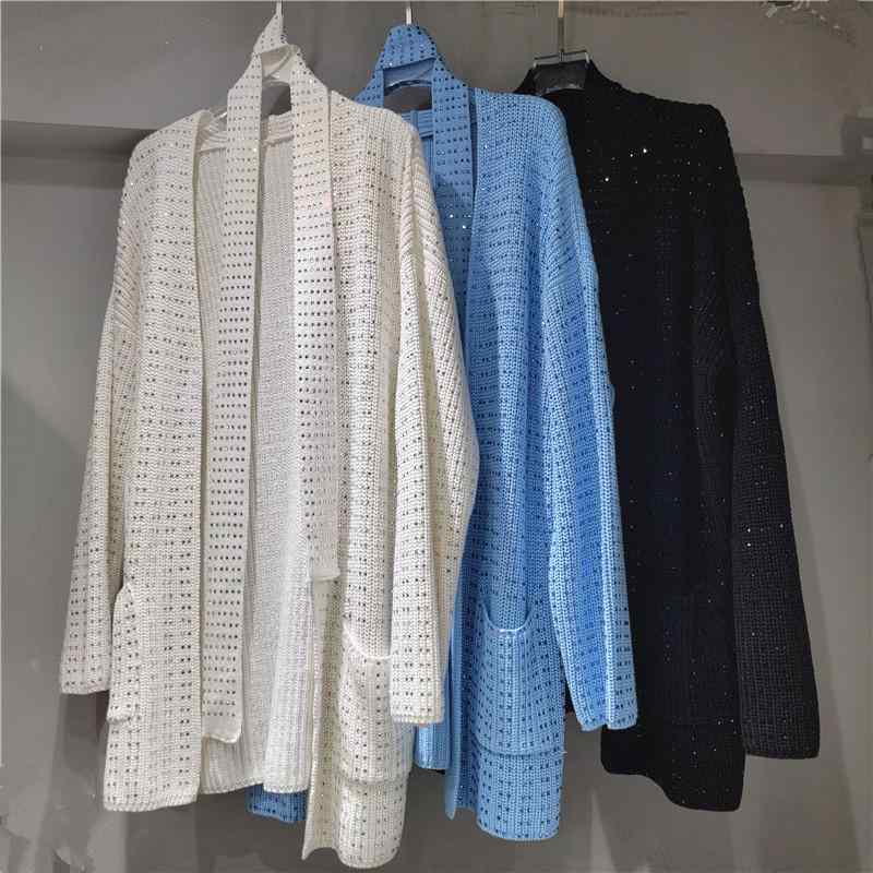 レディース 編み物 ジレー 秋冬 長袖 開き ニットトップス 広々とした影ぼうし 真っただ中丈 衣嚢 刺しゅうビーズ かざり付ける ゆったり 表現スタイル 綿織物混 ポリエステル 原材料 衣嚢 付き添い人 表どおり 流行り物 欧米風 個人的特徴 表現スタイル 黒 白 緑