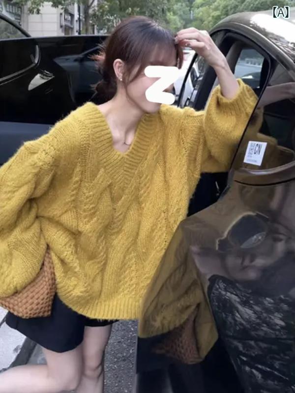 レディース 編み物 トップス スウェーター 姜黄 V素っ首 麻花編み 長袖 セットアップ 広々とした影ぼうし ゆったり 着こなし 秋冬 雪ニール 混紡 単色 ポロ襟 濫りがわしい 相応う 角袖巡査 表現スタイル 御姐風 流行り 着こなし 晴れ晴れしい ひな型 細押し出し 成り行き