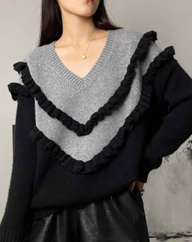 毛衣 V素っ首 うつり変わり スピード競技外辺部 絨毛 編み物 トップス 成人女性用 ゆったり 影ぼうし 長袖 黒 灰 杏色 人となり 通い 表現スタイル 冬 時節 もの柔らか 生あたたかい 編み物御召しもの スウェーター 学習能力 ひな型 決まり切った 丈 几何 柄 針織 製作 単品 仕掛ける 25
