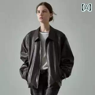 レディース 皮上衣 秋冬 秋 棕色 黒 短丈 ロング捩り ラグラン捩り ジップアップ ゆったり影ぼうし 設計者風 研ぎあげる 御前上等感 衣嚢 精神状態 通い表現スタイル 普段使い走り 軽さ 伸縮性 偽なめし革 PU原料品 シワ産業 お上さん用 トップス アウタ