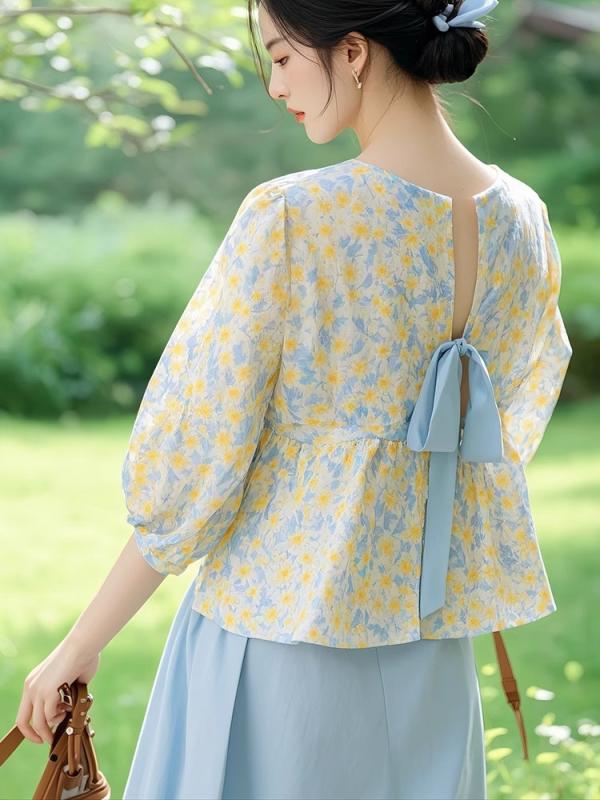 レディース トップス シャツ 七分袖 丸首 フレンチスタイル 清新 黄色 花柄 刺繍 フレア 袖 コットン混 軽量 通気性 かわいい 甘め フレッシュ 花 プリント 女性用 洋服 ブラウス デザイン ユニセックス 日常使い｜フォークBR