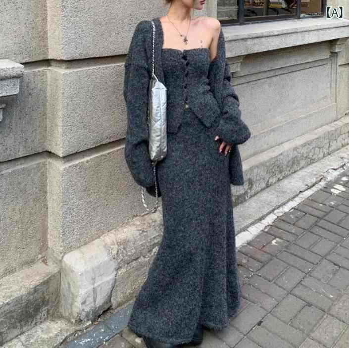 レディース スカートセット 秋冬 気質 通勤 トップス ニット 長袖 ポリエステル スパンデックス 切り替え 革調 深灰 杏 中長丈 セットアップ|フォークBR