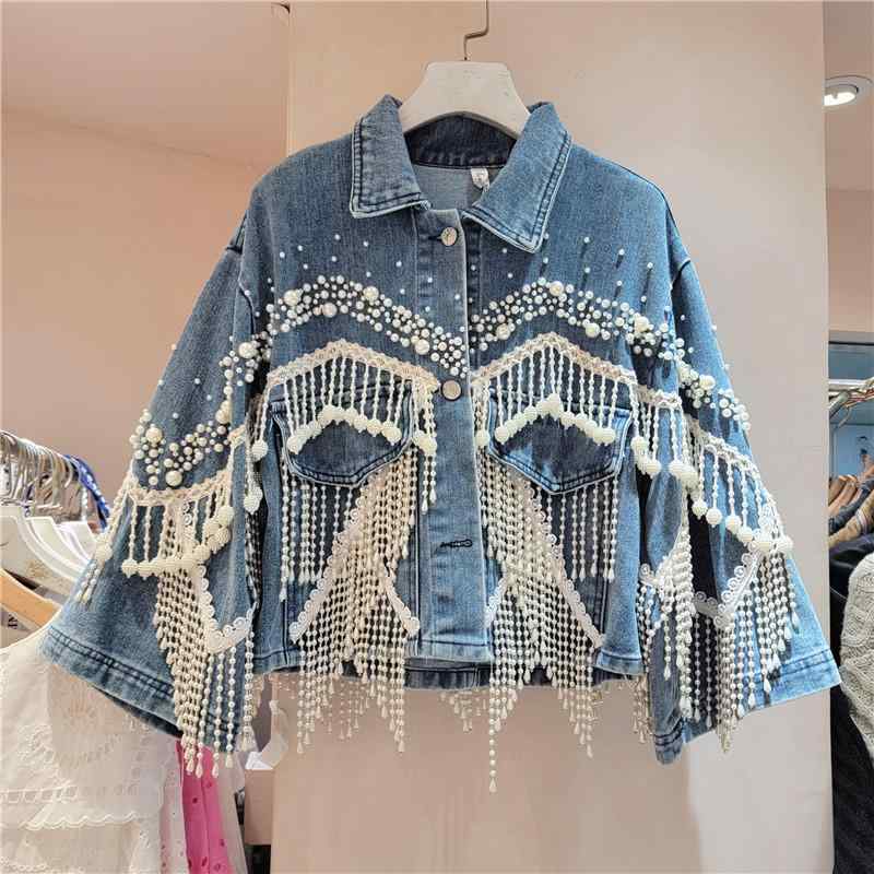 ジャケット 女性用 春秋 牛仔 短丈 ワイド シルエット 七分袖 POLO領 ブルー 珍珠 流? 重工 釘飾り 欧米風 ストリート 気質 優雅 普段使い 軽量 伸縮性 30-50% 牛仔布 バッグ 鞄 メンズ レディース 通勤用 アウトドア|フォークBR