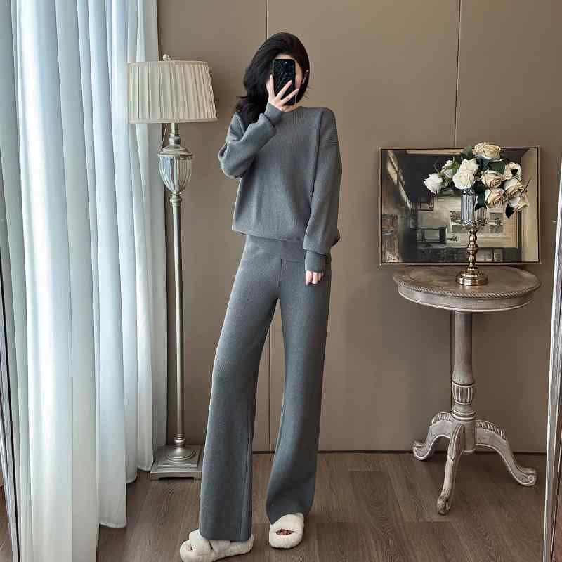 レディース ニット トップス ワイドパンツ セットアップ 秋冬 灰 綿 ポリエステル 混紡 長袖 長ズボン 免・聞 加工 純色 3D 柄 日韓 スタイル ゆったり ファッション スポーツ ウェア 日常 着こなし 部屋着 軽量 伸縮性 カジュアル コーデ|フォークBR