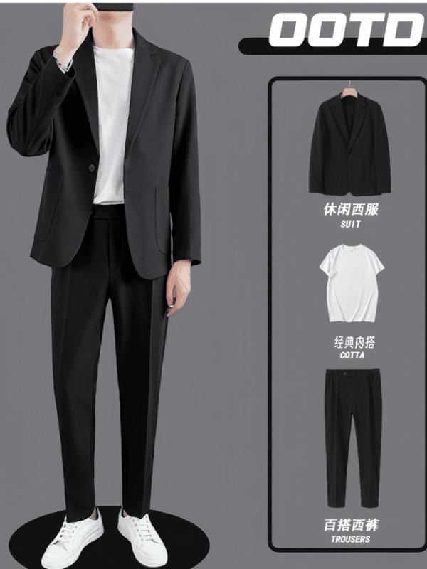 メンズ スーツ セット ジャケット シャツ パンツ 韓国風 ゆったり クラシック 痞? 高級感 軽熟風 スタイリッシュ ビジネスカジュアル 春 黒 グレー グリーン ブラウン 単排ボタン 平領 後ろスリット ストレート 純色 醋酸繊維 100% ゆったり|フォークBR