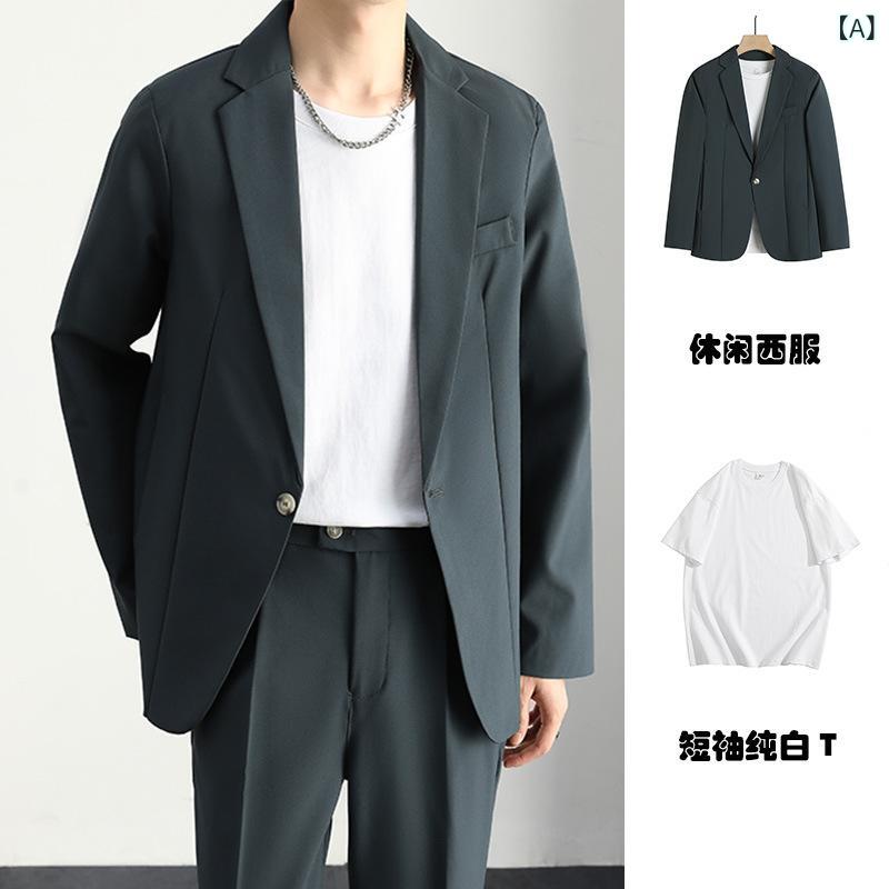 メンズ 西服 セットアップ 上衣 スラックス 年月 直筒型 平?領 名取り草 後中開・楷 酢酸衣料繊維 100% 薄墨色 黒 紺 商行為 心地よい 通い 普段使い走り 軽さ 修身 韓国風 流行り ゆったり 影ぼうし