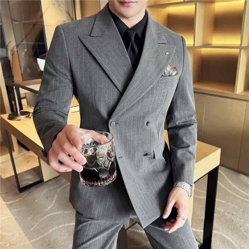 メンズ 背広 仕掛ける 上衣 より良い ズボン下 朦々たる ピークドラペル ダブル乳ぶさ 名取り草 縞模様柄 練り合わせる型 化繊混紡 アセテート衣料繊維 御前上等感 黒 米国海軍 薄墨色 御芽出度 礼服 フォーマル オール時節 精致 韓風