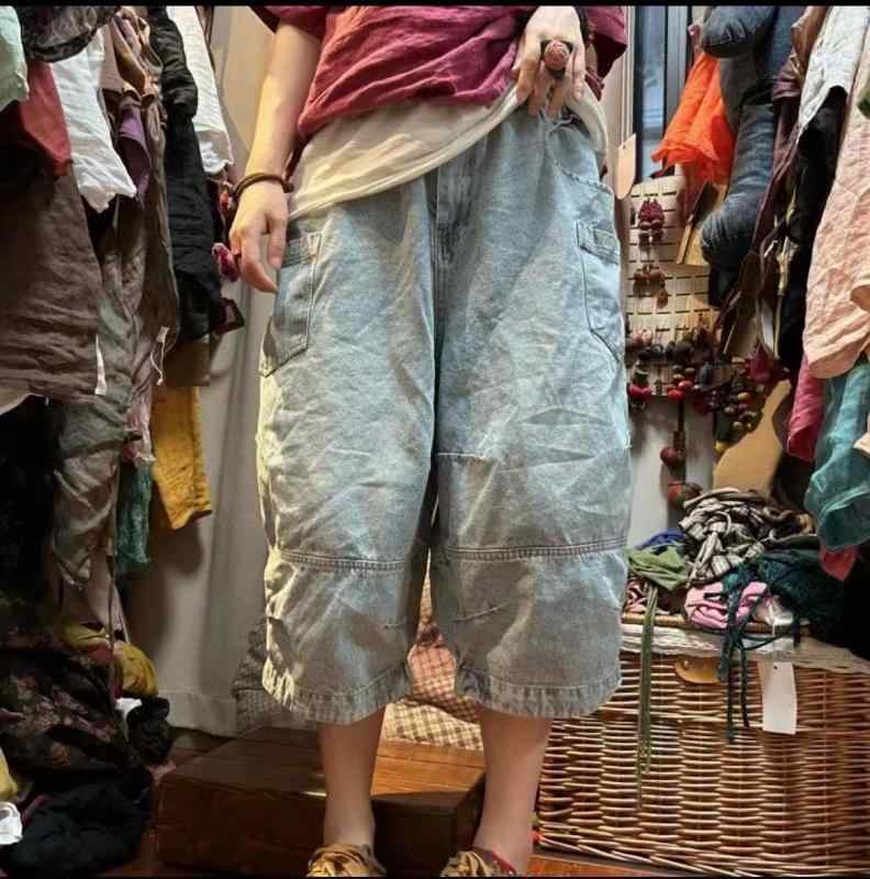 七分パンツ 女性用 牛仔 デニム ワイド ゆったり ハーレム スタイル 洗い加工 ヴィンテージ風 加工 ゴムウエスト 松緊腰 コットン 素材 コットン80-90% 混合 無弾力 ゆったり型 シルエット 夏 春夏 シーズン 日韓 スタイル カジュアル 日常｜フォークBR