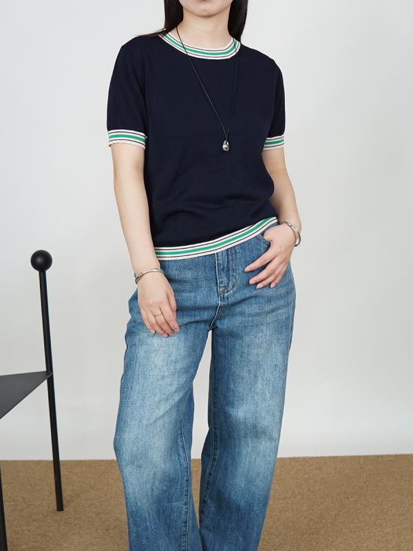 トップス レディース 短袖 編み物 丸首 ひな型 三分袖 うつり変わり 縞模様 桑蚕地絹 天竺 レイヨン 薄っぺら セットアップ 角袖巡査 名媛風 深青 夏 口さかしい 人となり 分かりやすい 今めかしい 成人女性らしい 日常使い走り 通い デイリー ホンブルグ帽 柔らかいな肌ざわり