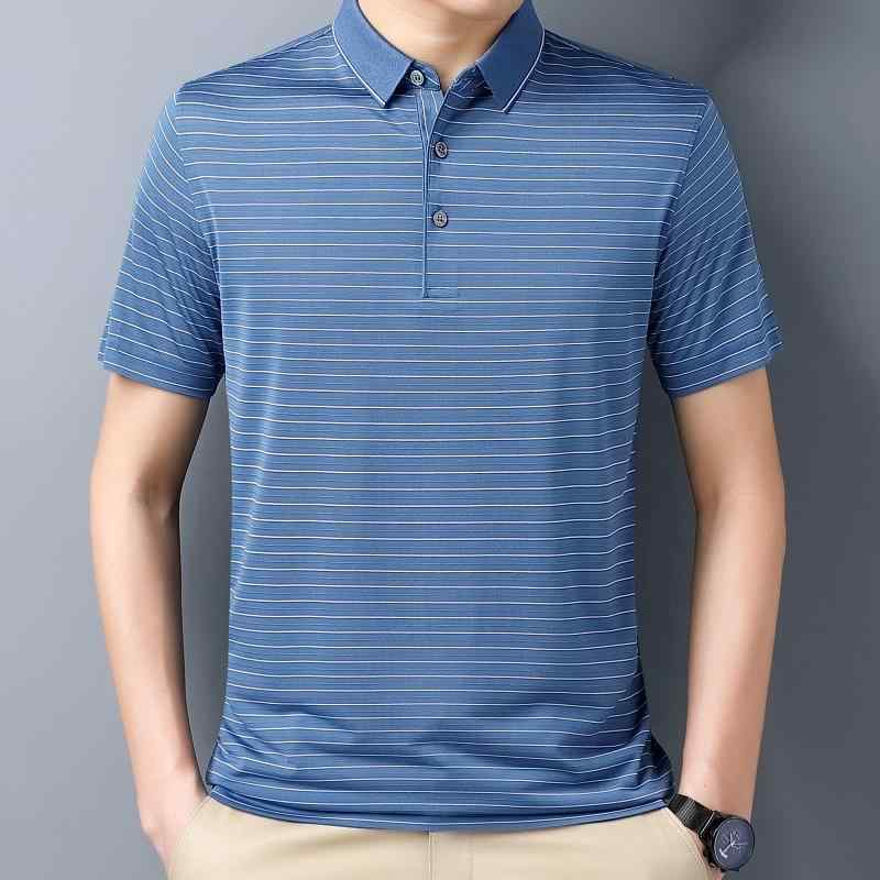 メンズ POLO プルオーバー 短袖 条紋 真絲 薄っぺら 夏時 商行為 通い 休? 透氣 吸湿排汗 耐磨 免・聞 防? 色牢度高 植? ?扣 ・靭色 桑蚕絲 100 練りあわせる型 35歳以上 紺 サクラ色 軽奢 飛び切り感