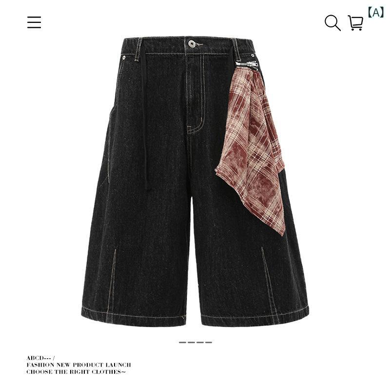 ショートパンツ メンズ レディース 牛仔 コットン 素材 黒 夏 復古風 ストリートスタイル 潮牌 撞色 デザイン 方巾柄 七分丈 ワイド シルエット ゆったり フィット 季節 コーデ 普段使い 軽量 涼しい 綿95% 成分 無弾性 膝上丈 ユニセックス｜フォークBR