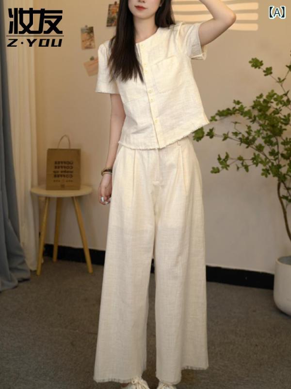 レディース セットアップ 綿麻 雪ニール ストレッチ 無袖 上衣 ?腿パンツ 杏 黄 コーヒー 春 私服 御姐風 プリンセススリーブ 純色 休日 カジュアル 女性 高級感 軽量 ゆったり シルエット｜フォークBR