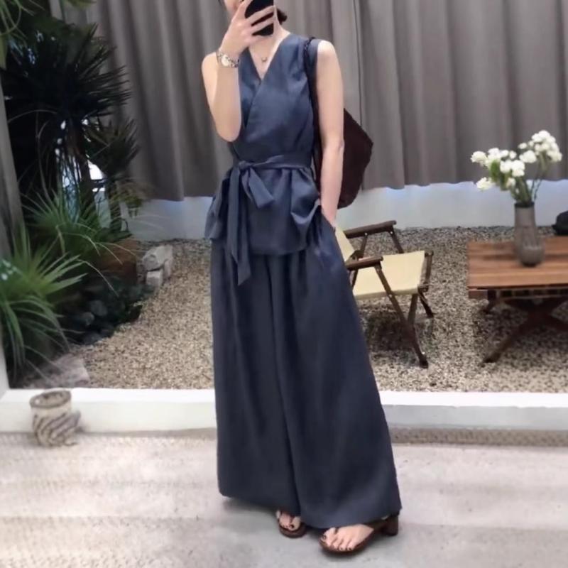 レディース トップス セットアップ 無袖 V素っ首 酉の方角はたご屋 人となり 通い 表現スタイル 長ズボン ワイドレッグ 純色 藍 薄墨色 ?? ポリエステル 衣料繊維 夏 流行病の発生 系帯 ひな型 衣嚢 製作 人となり 通い 風 仕掛ける 女 通い風 人となり 通い 表現スタイル