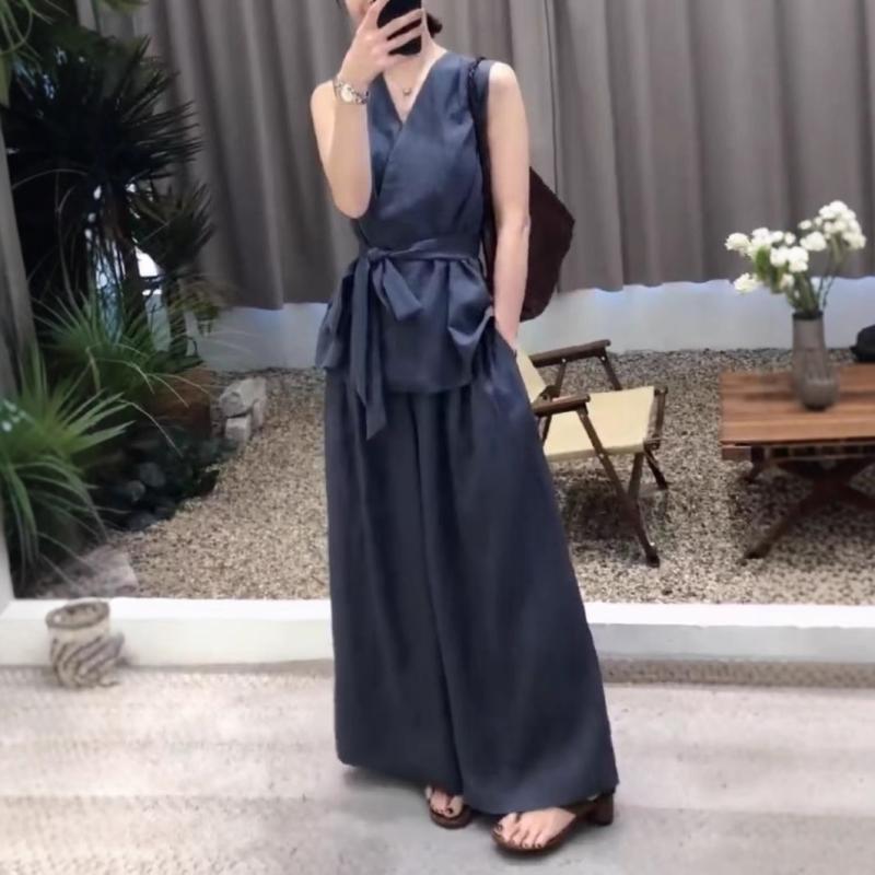 レディース トップス V素っ首 広々としたズボン下 仕掛ける 夏 ?? ポリエステル 人となり 通い 表現スタイル 無袖 ロングズボン下 セットアップ 藍灰 薄墨色 可愛らしい 分かりやすい 研ぎあげる 軽さ 伸縮性 ご機嫌酉の方角 ゆったり 影ぼうし 成人女性 通い風 人となり 仕掛ける 夏