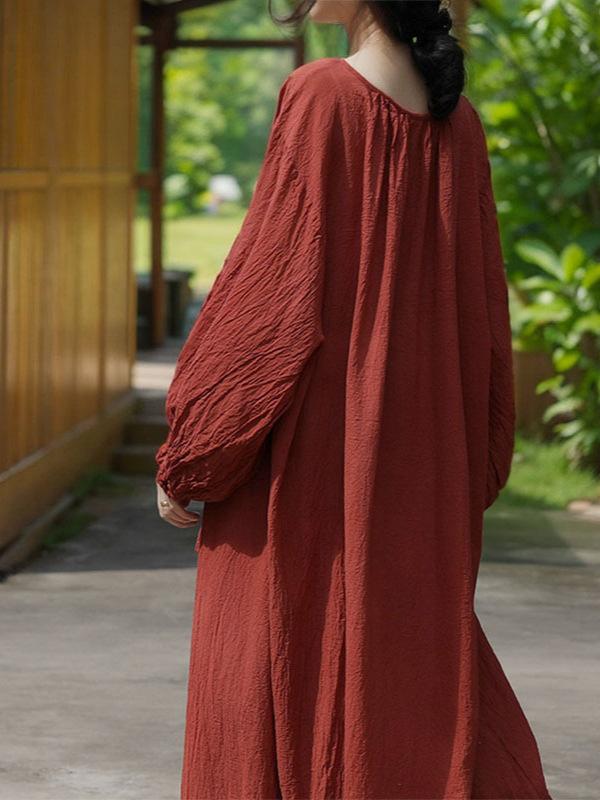 ワンピース Aライン圓領 七分袖 春夏 文芸風 綿 麻 混 楽ちん ゆったり 体型カバー 膝下丈 ゆったり|フォークBR