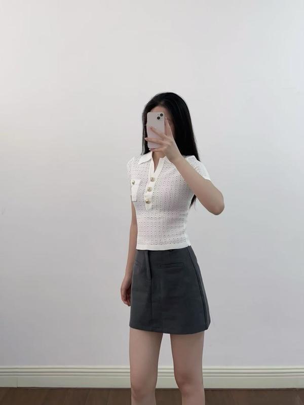 ニット トップス レディース 春夏 半袖 Vネック 透かし編み スリムフィット 通勤 きれいめ 上品 大人かわいい おしゃれ 白｜フォークBR