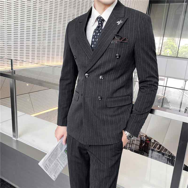 メンズ 背広 春夏 商行為背広 縦縞模様 ダブル乳ぶさ 2つ名取り草 3天下太平 セットアップ 軽さ タイトフィット フォーマルイ detalles boutons decoration