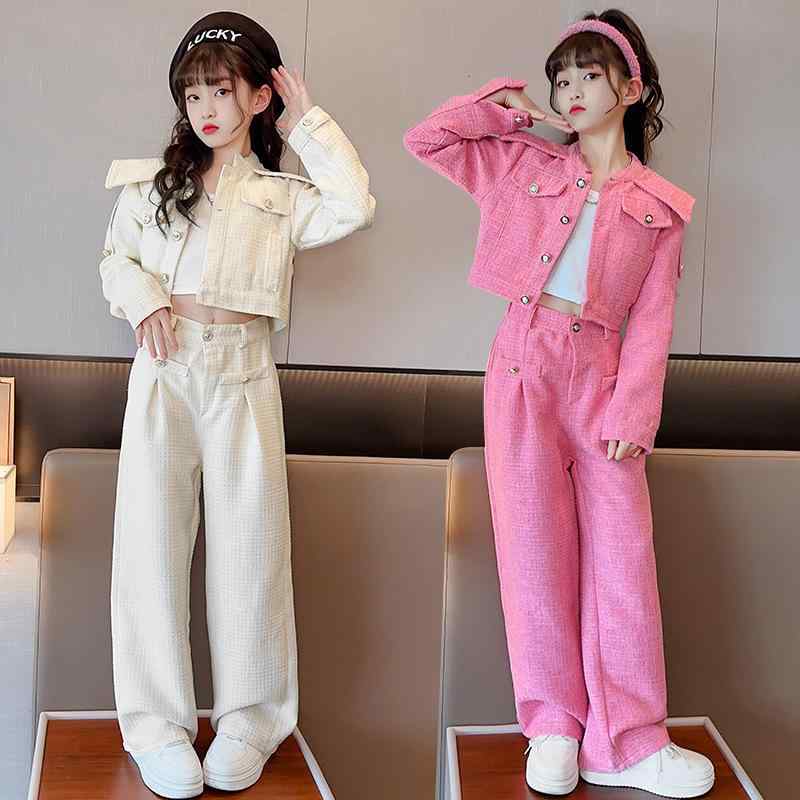 女の子 セットアップ 春秋 カジュアル 小香風 スーツジャケット ワイドパンツ 長袖 2点セット おしゃれ かわいい おしゃれ｜フォークBR