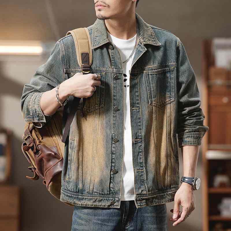 ジーンズ上衣 メンズ 春服 アメリカンレトロ イエローオーカー色 ゆったり潮ブランド名 潮牌 潮牌 襟付き添い人 アウター