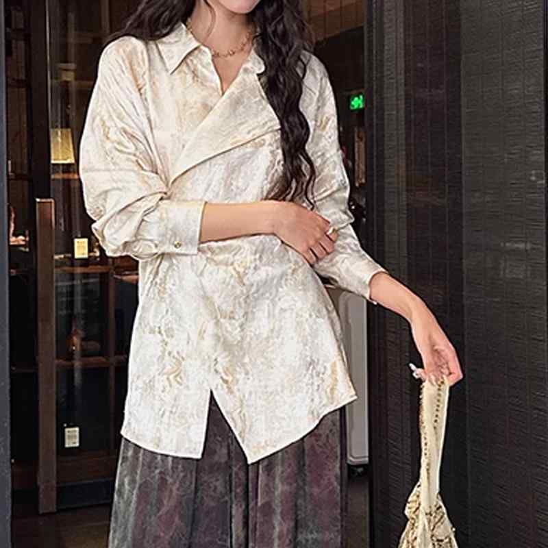 シャツ レディース 春夏 天竺麻 プリント 結びデザイン 高級感 減齢 洋風|フォークBR
