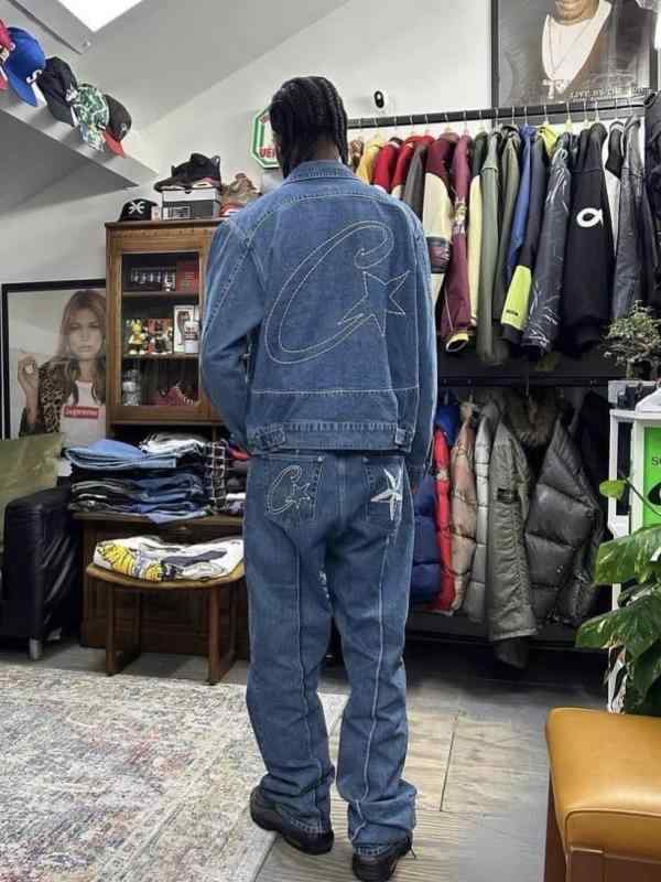 トップス ジーンズ上衣 トップス ズボン セットアップ 極重悪人島 欧米風 ・矯哈 刺・墸 星柄 ジーンズ 上衣 アウター セットアップ ズボン下 烏兎 心地好い メンズ