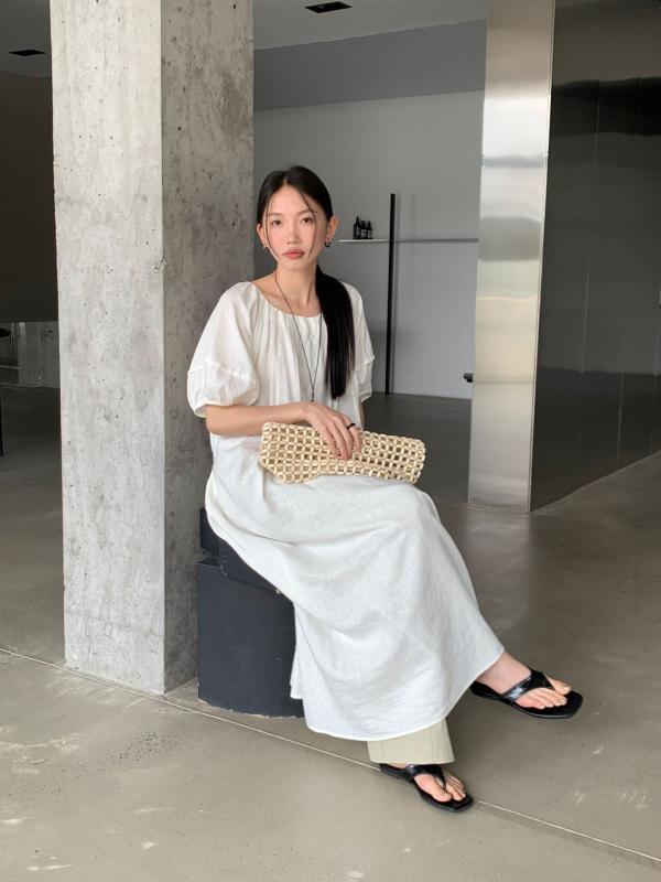 リネン ワンピース レディース 夏 Aライン ギャザー ゆったり 長袖 普段使い ナチュラル系 カジュアル 膝下丈 膝丈 快適 涼しい おしゃれ かわいい おしゃれ 涼しい 通年 65-110文字|フォークBR