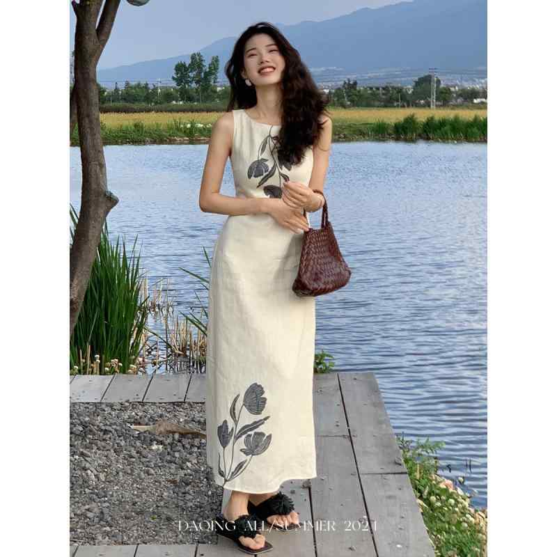 リネン衣装 ノースリーブ ハイネック 花柄 ミモレ丈 ゆったり A生産ライン レディース 春夏 黒いこと 白いこと系