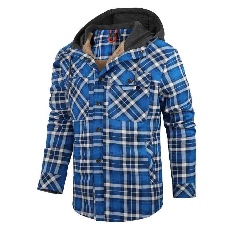 mens outerwear hoodies plaid striped knit hooded shirt padded jacket autumn winter casual urban style windproof high color fast