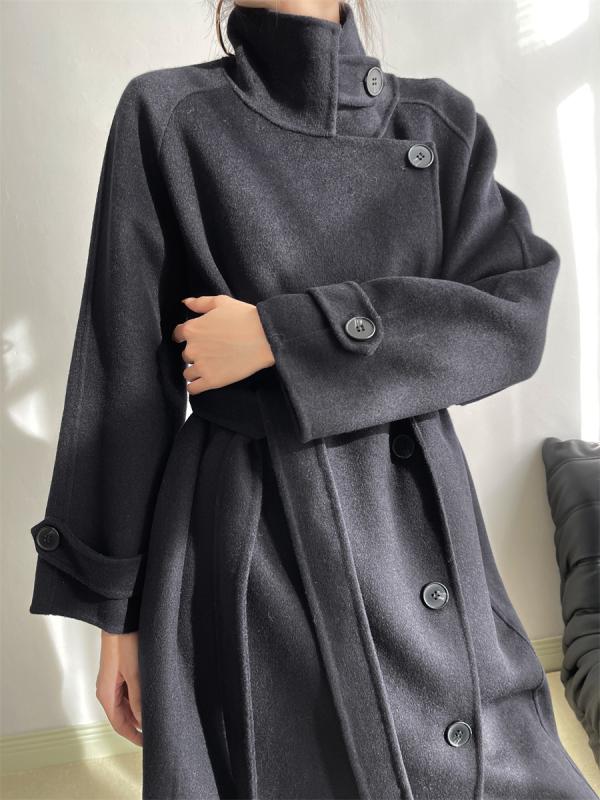 厚地の外套 レディース 羊毛厚地の外套 アウター 秋冬 通い服 生あたたかい 今めかしい 好いたらしいめ 御前上等 雅びやか 絨毛混 ロング丈 ゆったり影ぼうし 立ち襟 シングル乳ぶさ 紺 カーキ系 象牙色系