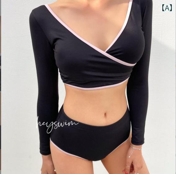 ワンピース水着 長袖 黒 vネック バックオープン セクシー シンプル 体型カバー 分割式(x3)｜フォークBR