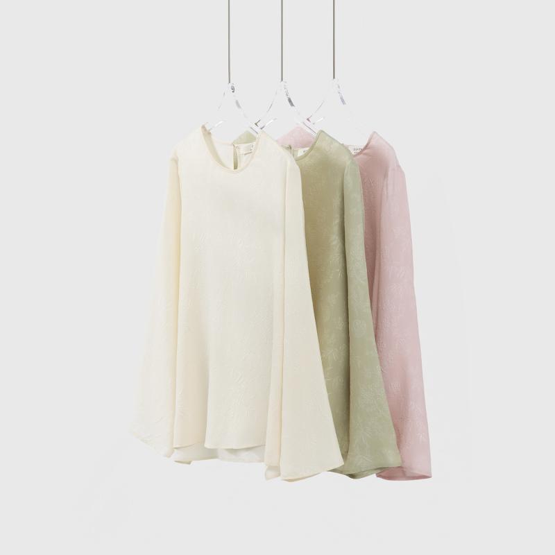 トップス 絹地100% 長袖ティーシャツ M L XL 2XL 嫩芽緑 桃花粉 豆乳色 通い風
