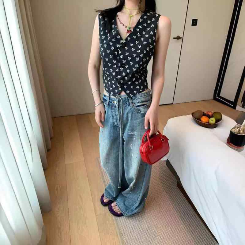 西部月夜柄 純綿 Vネック ベスト レディース トップス 花柄 ノースリーブ 上着 通勤風 きれいめ 涼しい 薄手 春夏|フォークBR