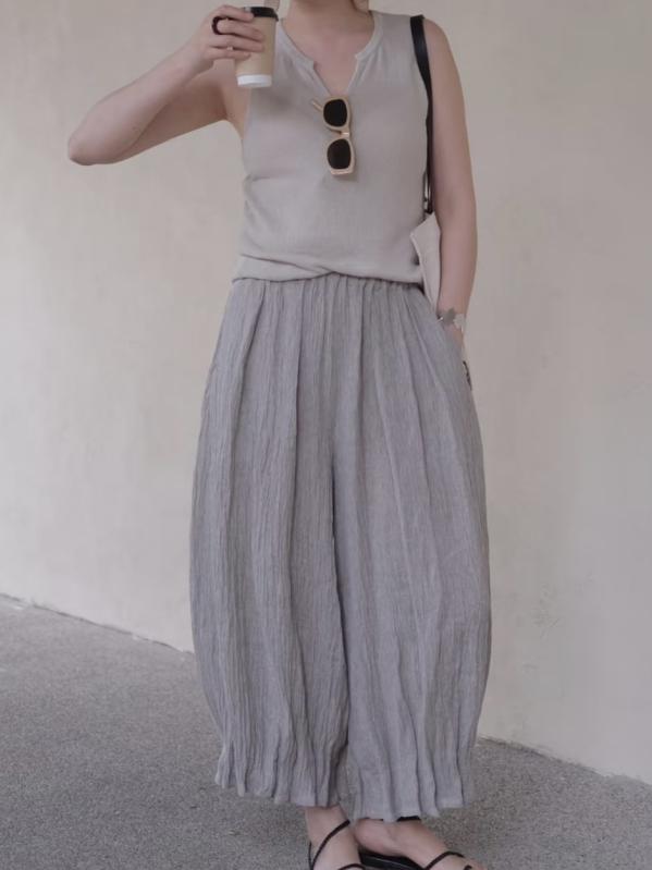 リネン 花柄ズボン下 レディース 米灰 L XL