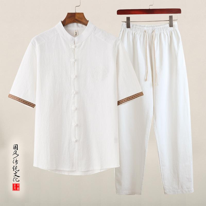 成人男性用 唐装 麻 半袖プルオーバー セットアップ 春夏用 綿麻 上下書き割り 2025年製 ゆったり大きさ 黒系 白系 青系 白 ブドウ酒赤いこと 青