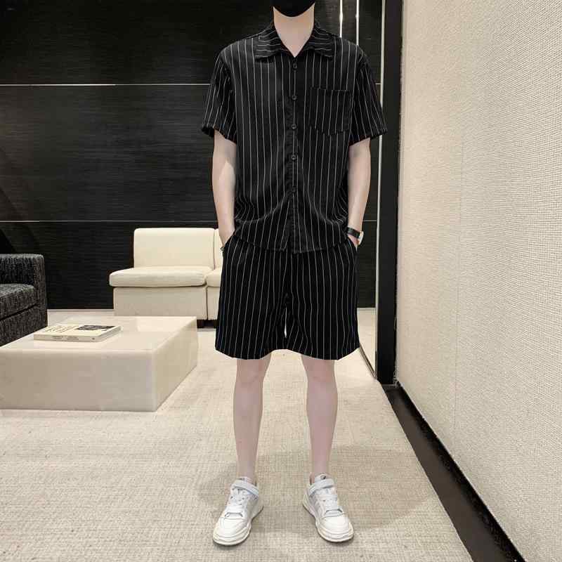套装 休? ・畚? 男士 朱夏 薄款 流行り ?松 条? ?衫 透气 ・姶件套