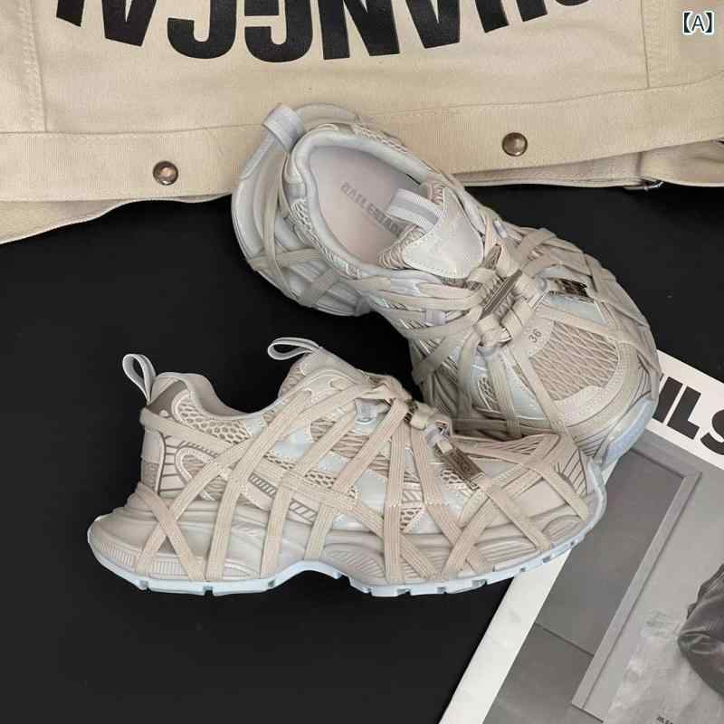 レディース 流行り ヨーロピアンスパイダーウェブダッドシューズインク 吸いあげる パッチソール 厚底 ストラップトレンド 韓国 風 カジュアルダッドシューズ