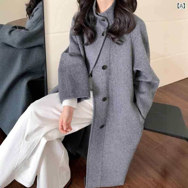 韓国 風 スタンド カラー 新年 コート レディース 両面 カシミヤ ウール 25 秋冬 新作 シングル ボタン ロング 丈 ウール コート レディース|フォークBR