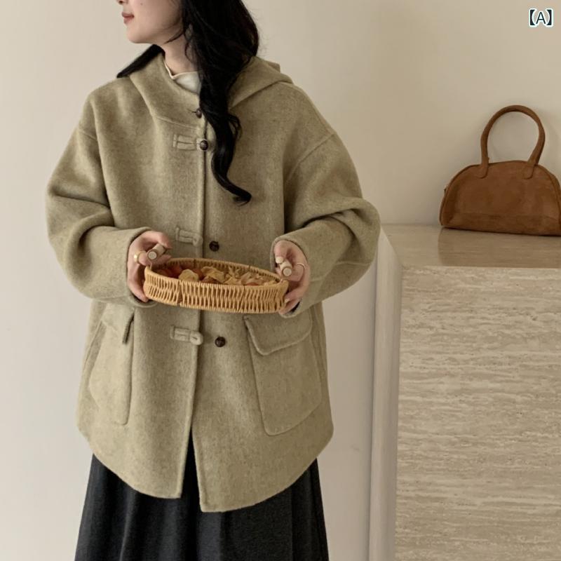 2025 秋と 冬の 新しい 両面 カシミヤコートルーズ 女性の バックル フード 付き ミッドレングス小さな ウール コート|フォークBR
