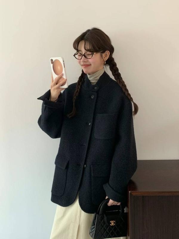 韓国 egg スタンドカラーウールコート 2025 秋冬 新作 高級 ラクダ 毛 両面 カシミヤコートレディースショート 丈|フォークBR