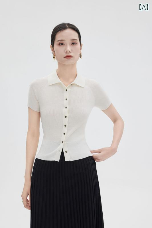 揚子 紡全 絨毛 ポロ 襟 編み物 ジレー、 か細い 相応う、 痩身 成り行き、 半袖、 全能、 折りかえし 襟、 シングルボタンニットセーター（ お上さん 用）