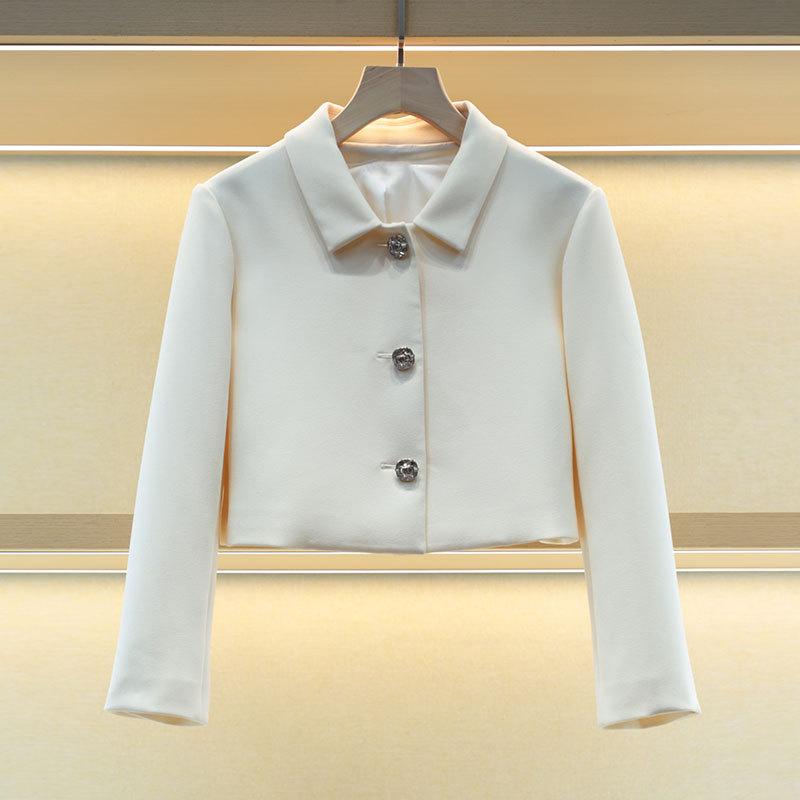 外套 通勤風 レディーズ 長袖 長そで ノーカラージャケット きれいめ 上品 大人っぽい おしゃれ かわいい きちんと感 オフィス カジュアル シンプル 無地 ホワイト 白 粗花織り 細身シルエット テーラードネックライン調整可能 30代 40代 50代|フォークBR