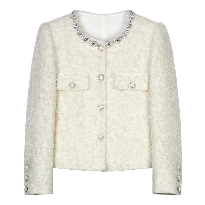 elegant style tweed jacket women\u0027s long sleeve round neck single breasted pearl detail design sense of 2025 winter collection